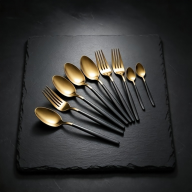 Château Series 8Pcs Black Gold Modern Cutlery Flatware