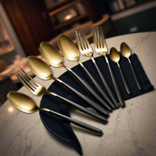 Heritage Series 8Pcs Black Gold Modern Cutlery Flatware