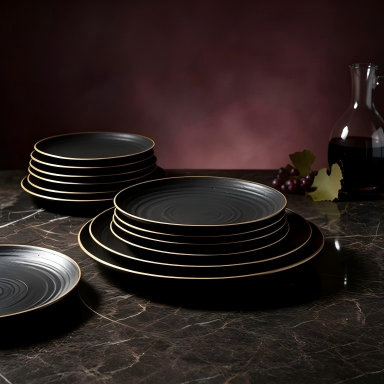 Château Series Black Gold Rim Ceramic Serving Plates Set